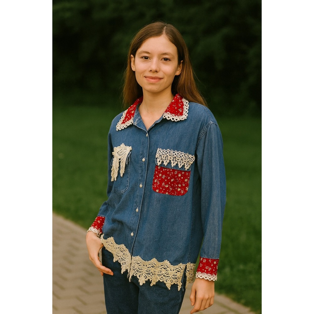 Champa Studio Button Up Shirt Womens Small Blue Denim Lace Trim Rustic‎ Rodeo